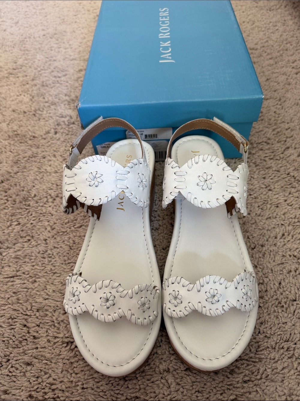 Jack Rogers Girls Lauren High Wedge White Leather Sandals